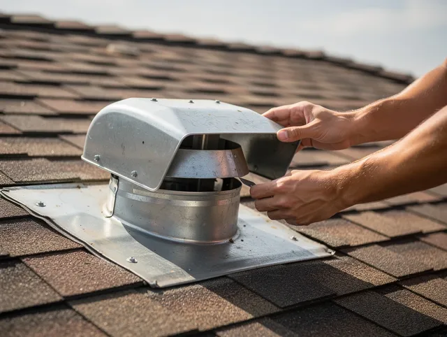 North Smithfield Dryer Vent Cleaning certified technician safely cleaning a roof-mounted dryer vent in North Smithfield