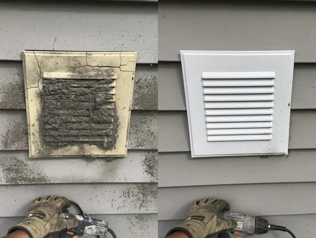 North Smithfield Dryer Vent Cleaning technician installing high-quality dryer vent cover at a residential property in North Smithfield