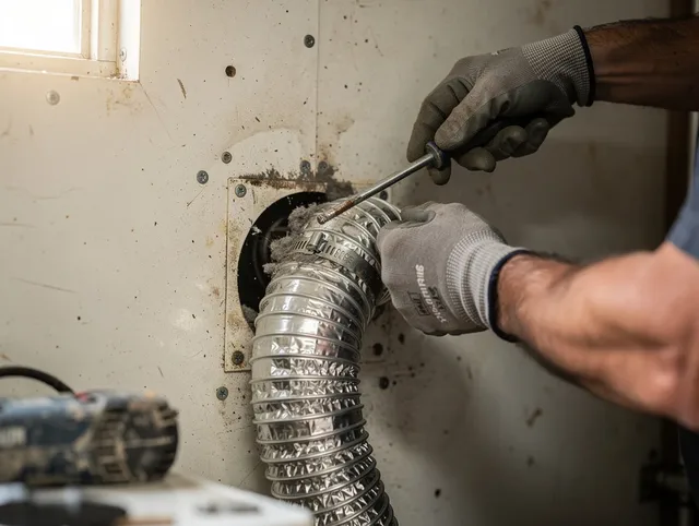 North Smithfield Dryer Vent Cleaning technician performing precise dryer vent hose installation in North Smithfield